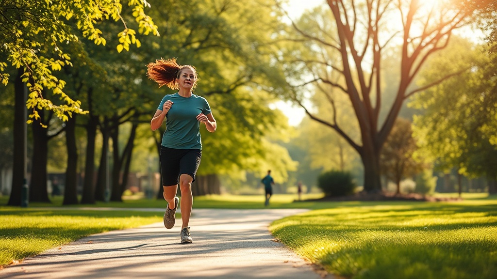 공원에서 가볍게 조깅하며 동적 회복을 실천하고 있는 사람의 모습